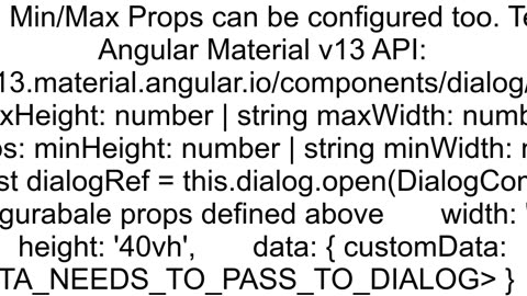 How do I pass in Angular mat dialog box width and height