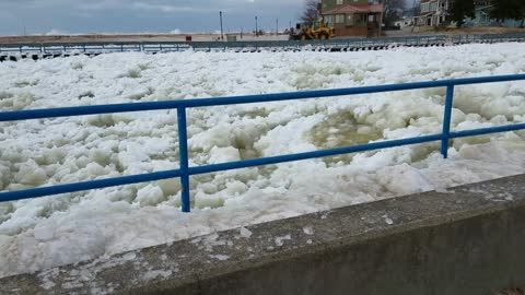 Ice On the River Entrance To Lake Michigan