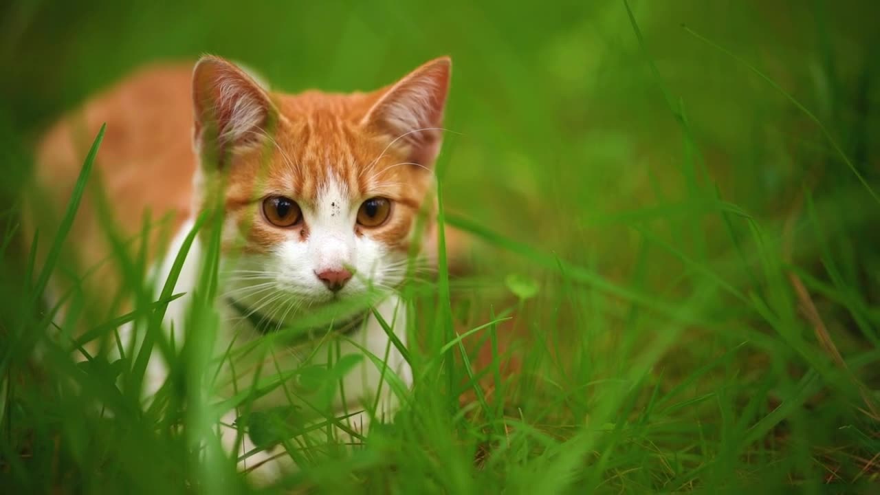 Up close view of a white cat resting amidst the grasses