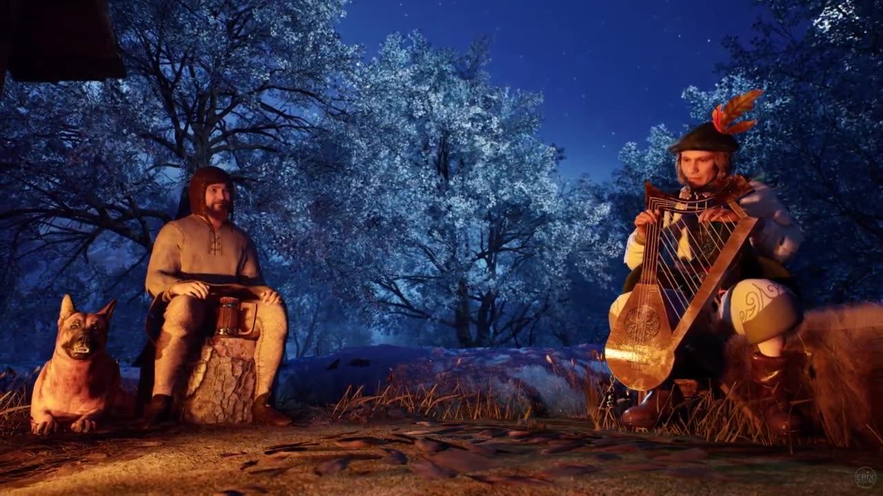 A Bard's Serenade by the Cozy Campfire Outside the Medieval Tavern on a Winter Night Ambience 🌕🏰🔥