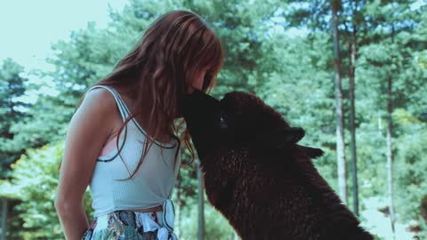 A girl kisses her dog