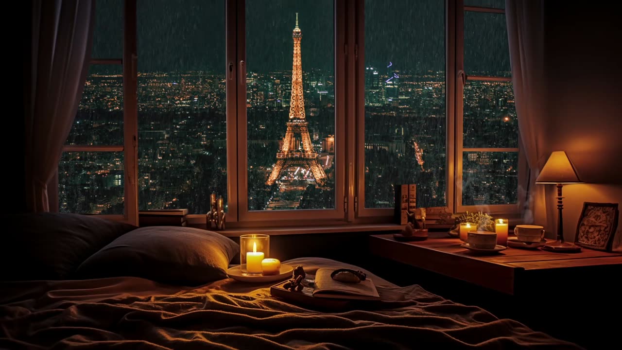 Cozy Bedroom With A Night View Of Paris with Jazz Music for in a Rainy Day Relax and Study