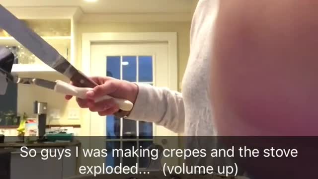 Girl films herself cooking when the fire sparks and her phone falls