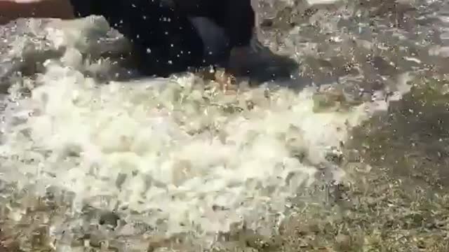 Grey shirt kid tries to boogie board across large puddle falls