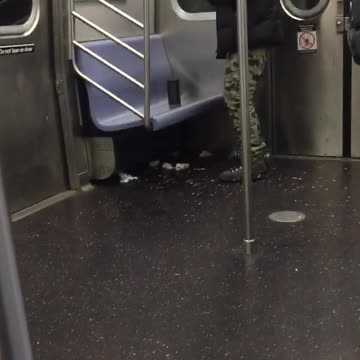 Man in army pants dances on subway train