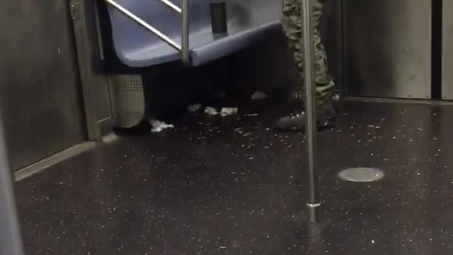 Man in army pants dances on subway train