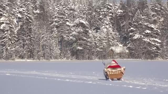 Christmas departure of Santa Claus: reindeer ride in Lapland Finland of Father Christmas