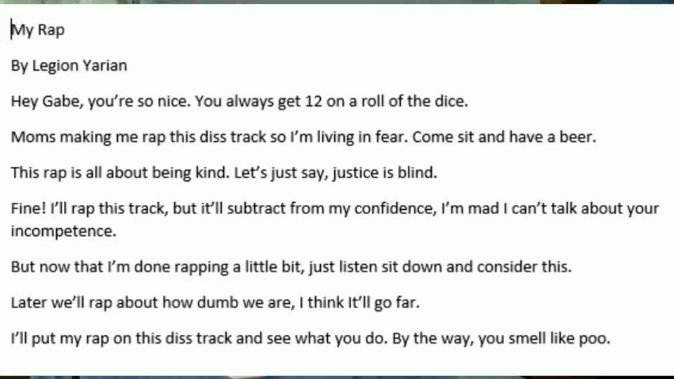 Lyric Version of My Part in the "Kind' Rap battle