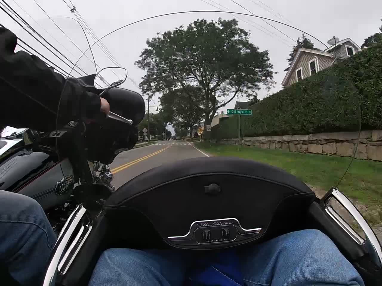 Riding in a Harley Davdson Ultra sidecar through Mystic Ct