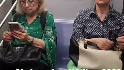 Woman sitting on subway looks like christopher walken 