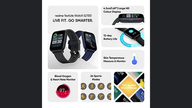 realme Techlife Smart Watch SZ100 1.69" HD Display with SpO2, Heart Rate & Temperature Monitors