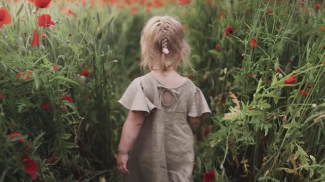 Girl Walking Between Flowers