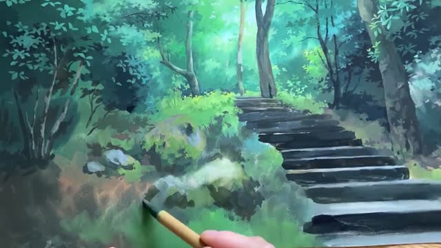 If you don't want to go out in summer, let's paint a summer forest with the teacher.