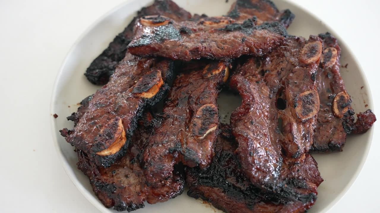 Korean BBQ Flanken Short Ribs with Grilled Vegetables on a Traeger Grill