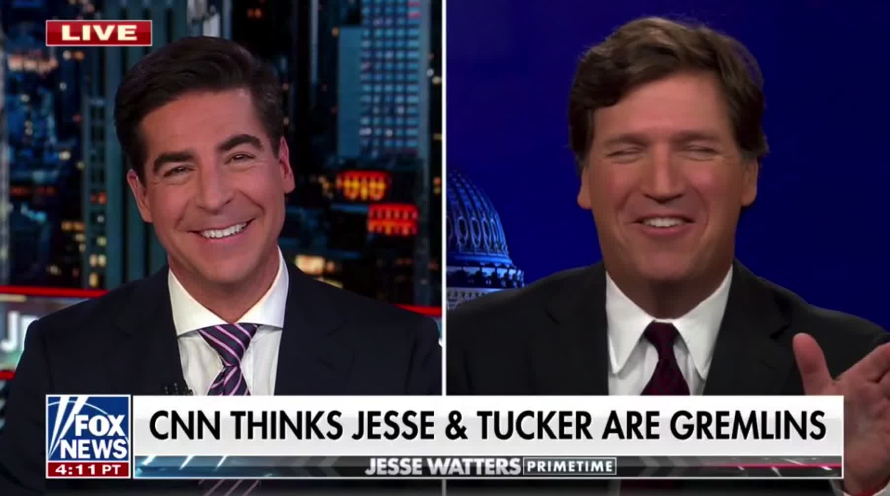 Jesse Watters is joined by Tucker Carlson during the launch of his new show