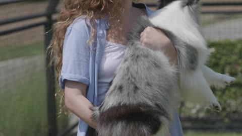 Lady carrying the pet dog