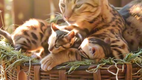 mom cat plays with her adorable kittens!