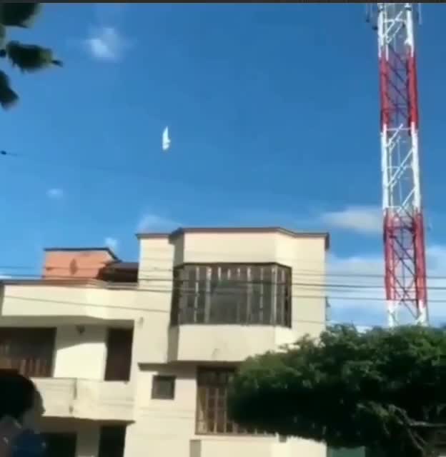 A pigeon hovering in the air near a 5G tower