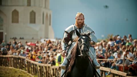 A bearded man knight riding a horse near the fence while the fight tournament