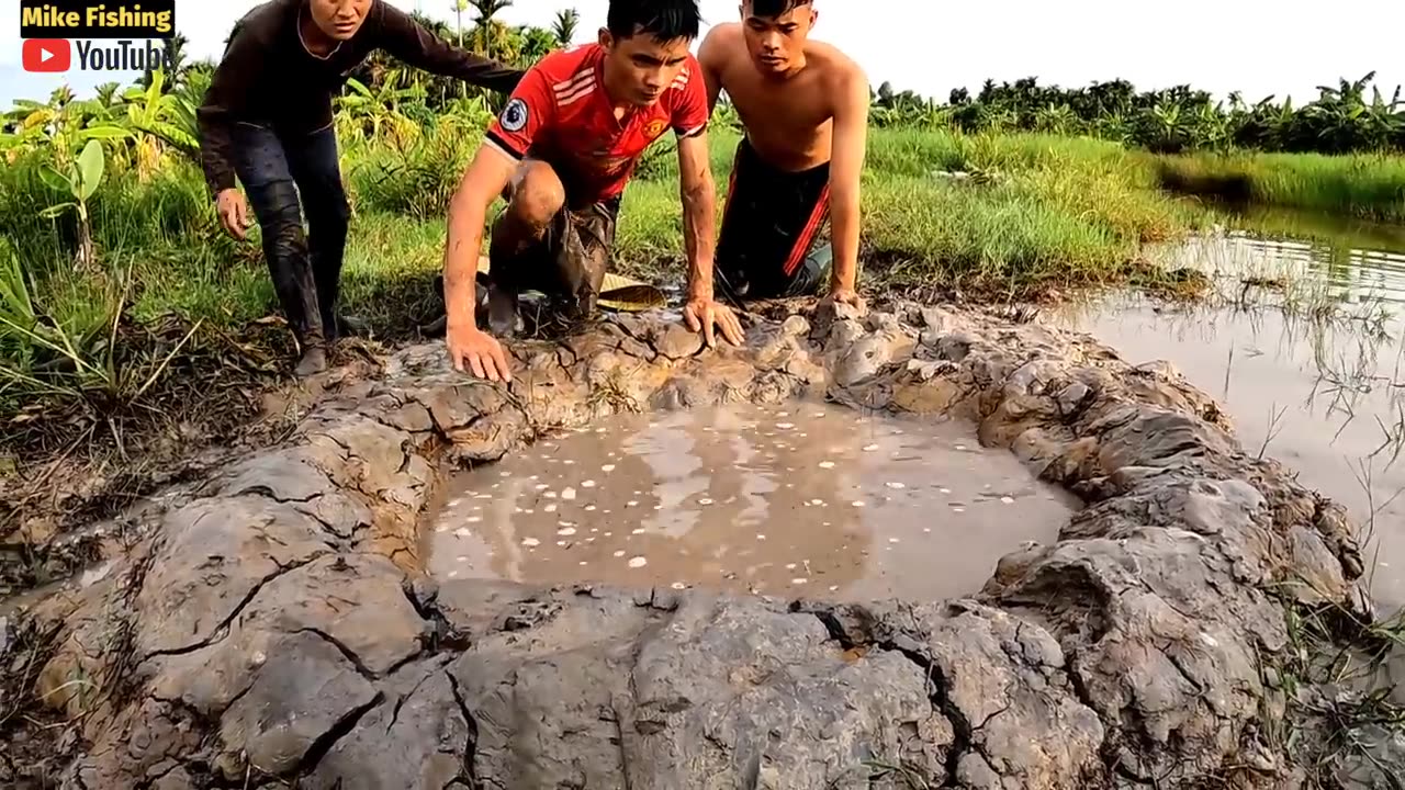 Group of Brave Hunters Facing Giant Carnivorous Fishes Attac