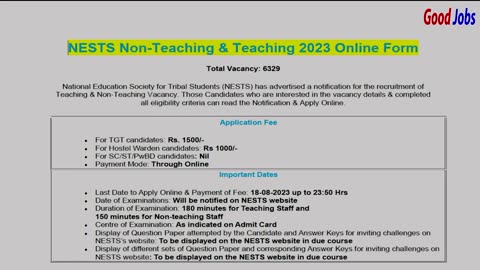 NESTS Non Teaching & Teaching 2023 Online Form