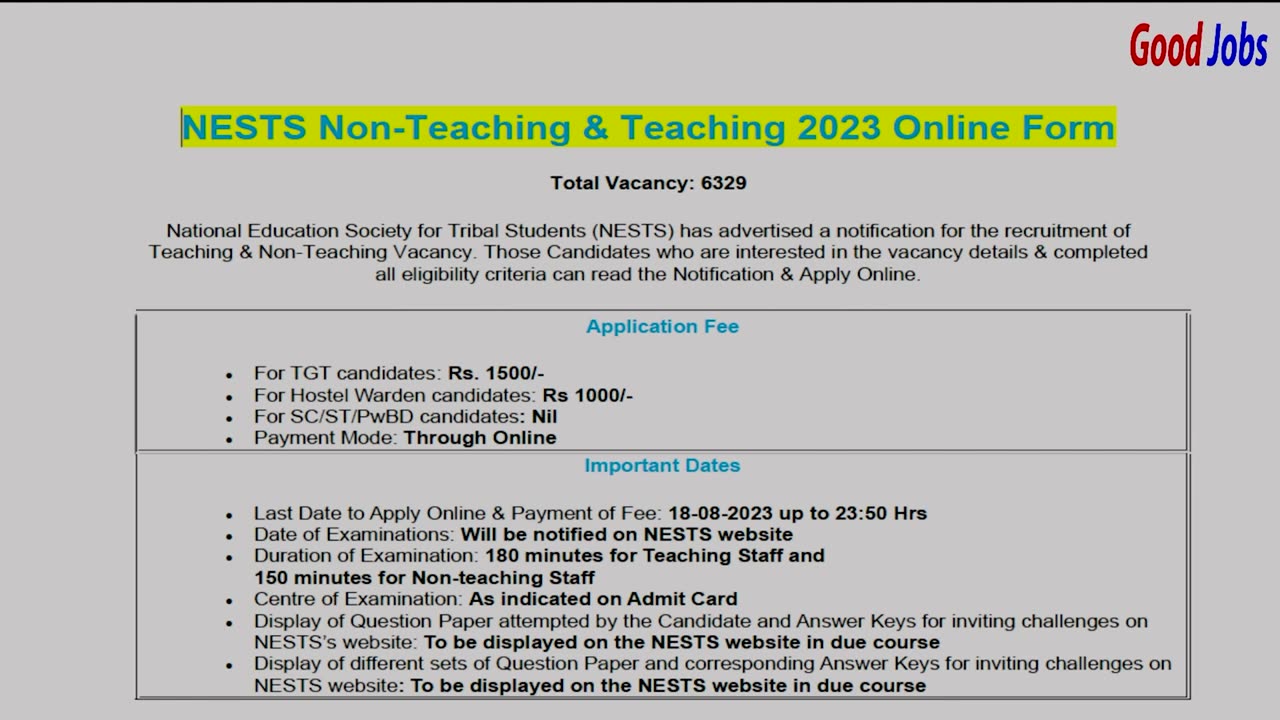 NESTS Non Teaching & Teaching 2023 Online Form