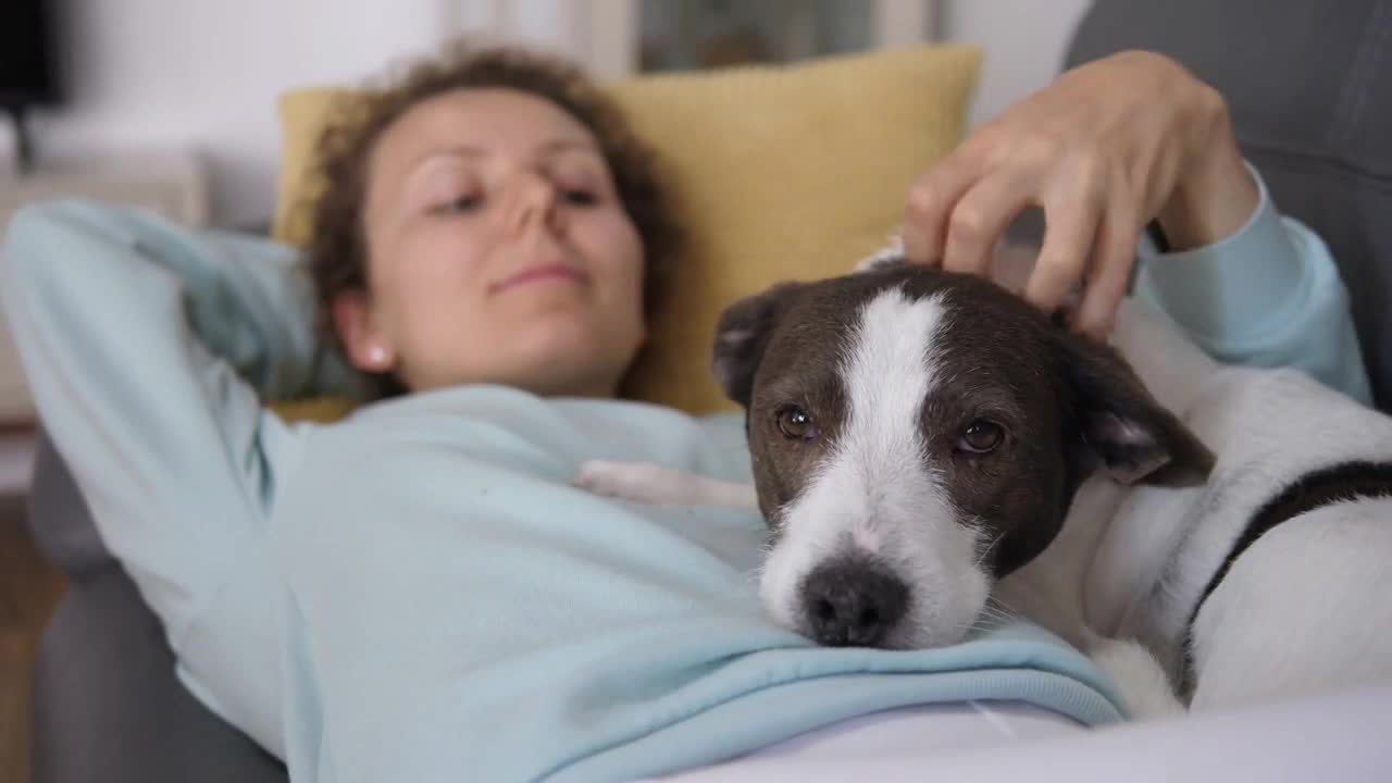 Young Woman Relaxing With Her Dog At Home During Lockdown Because Of Coronavirus Pandemic