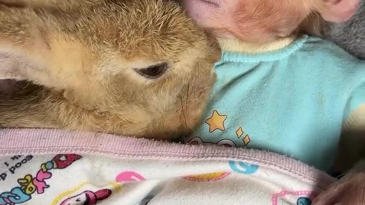 Bunny Joins Monkey in Bed - Cuddly Bedtime!