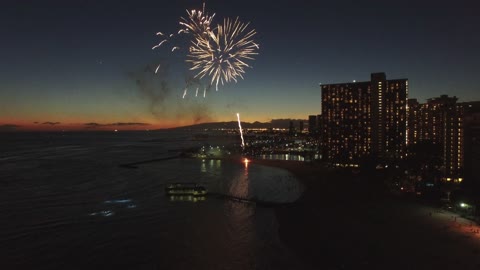 Shot of fireworks near the ocean