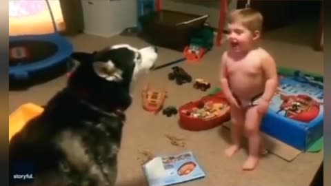 Baby play with dog 🐕