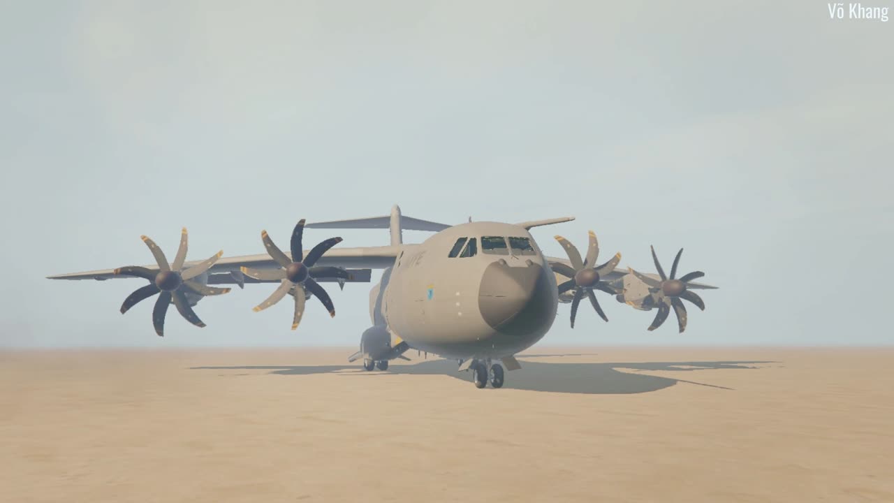 The A400M Atlas four-engine turboprop transport aircraft takes off and flies