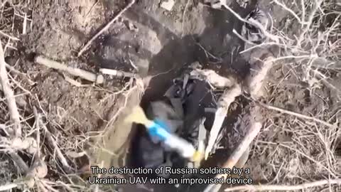 The destruction of Russian soldiers by a Ukrainian UAV with an improvised ammunition drop device.