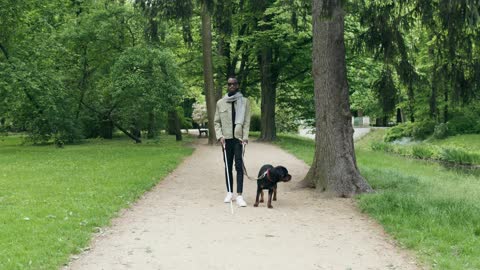 BLIND MAN WALKING WITH THE DOG