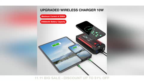 Car Jump Starter 24000mAh 2500A Power Bank Car Battery with 10W Wireless Charger LCD Screen Safety