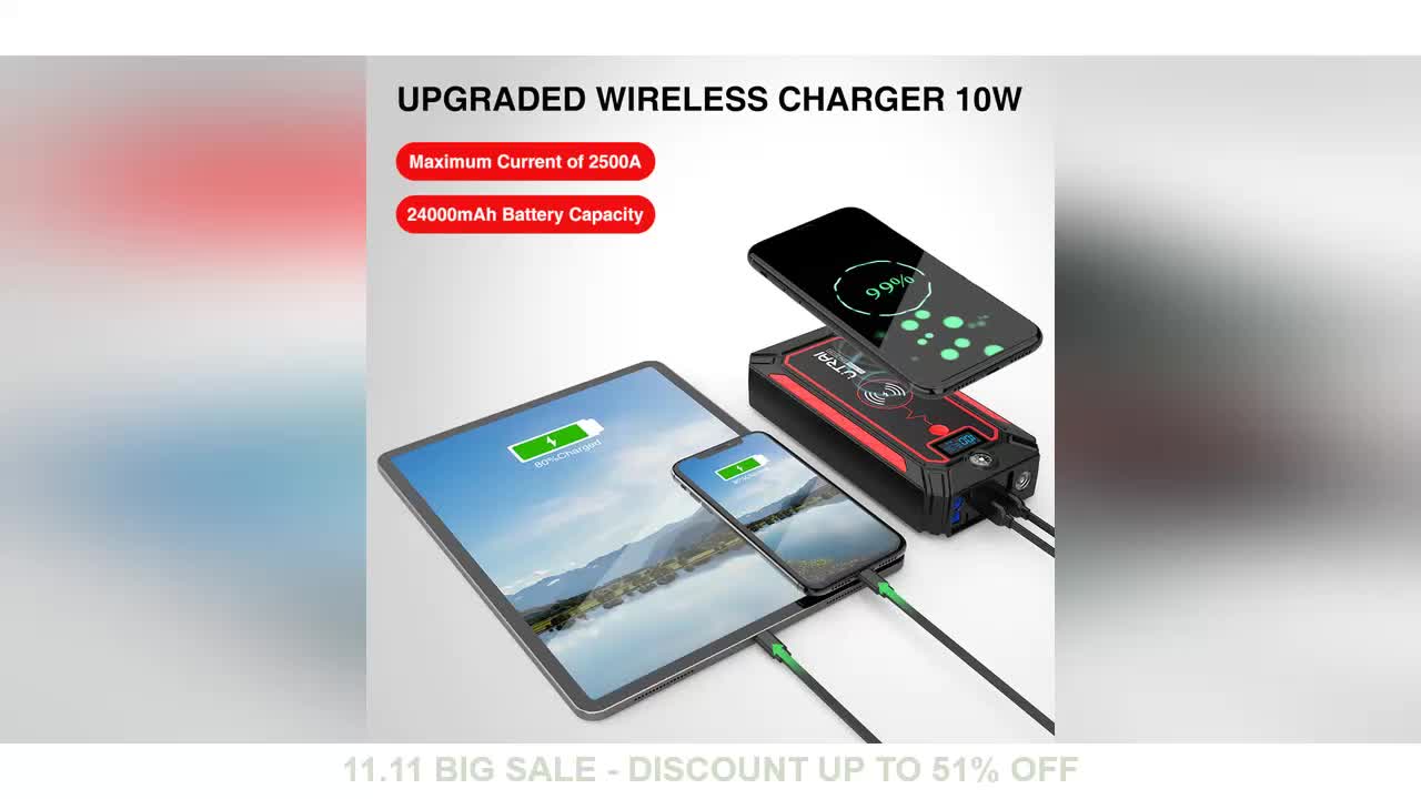 Car Jump Starter 24000mAh 2500A Power Bank Car Battery with 10W Wireless Charger LCD Screen Safety