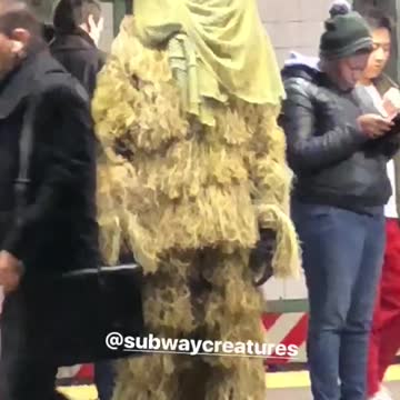 A person dressed like a tree on subway platform