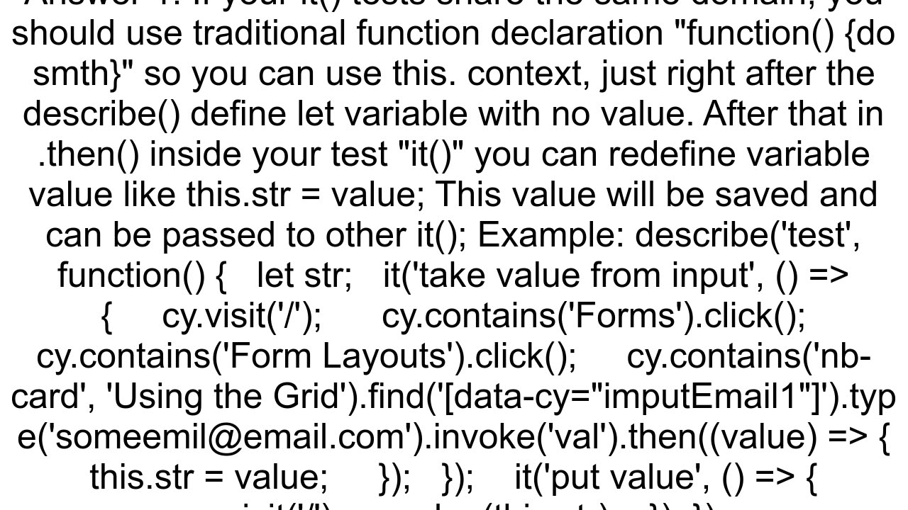 Passing a variable39s value from a test to the next one in Cypress