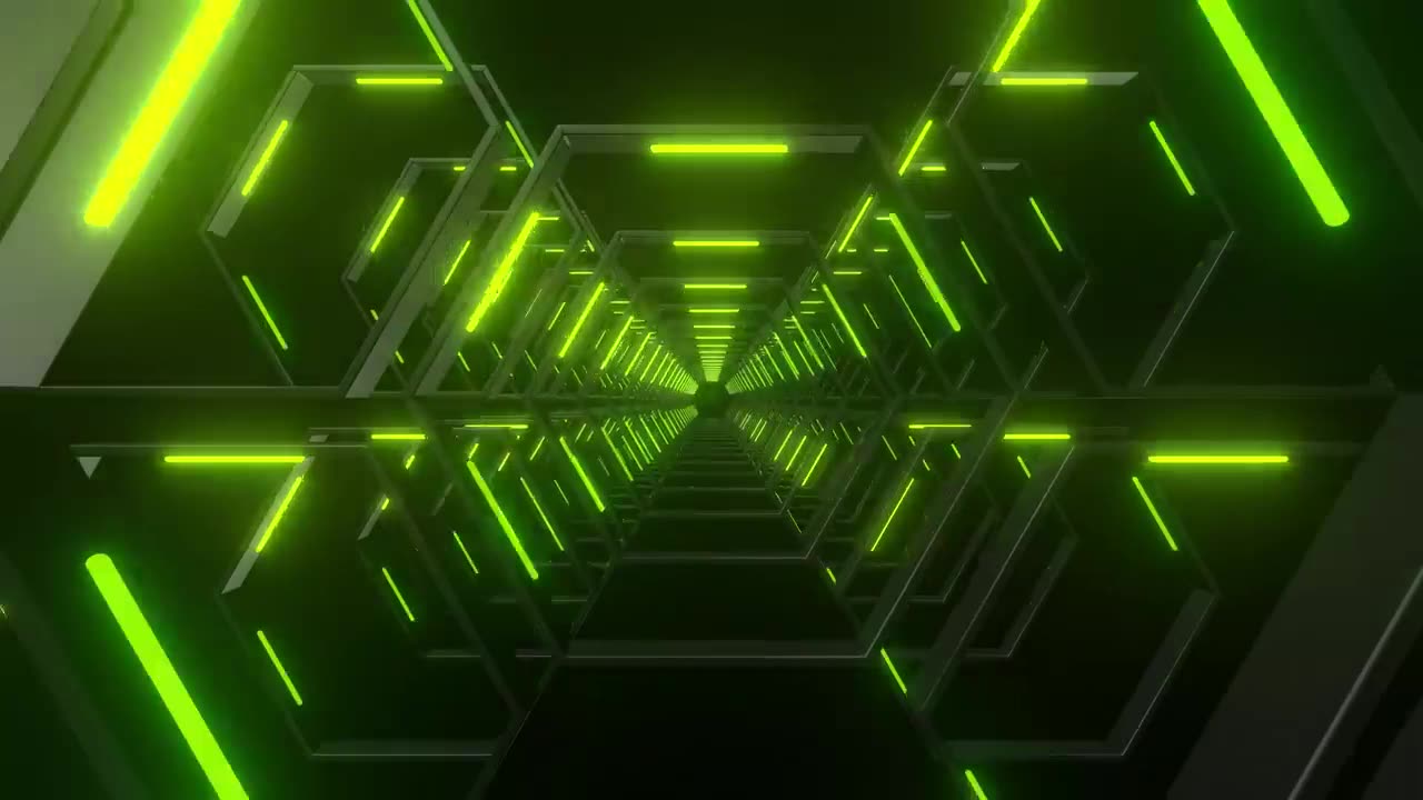 Through a tunnel made of hexagons of green light