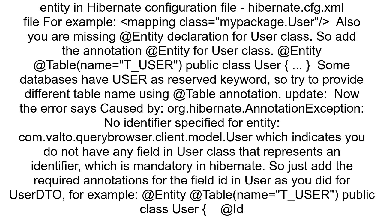 orghibernatehqlinternalastQuerySyntaxException User is not mapped from User where User is my bean c