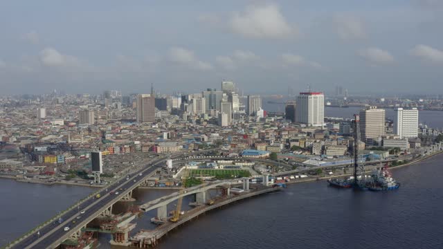 Lagos City Nigeria Drone Drone shot orbits around island Lagos, Nigeria.