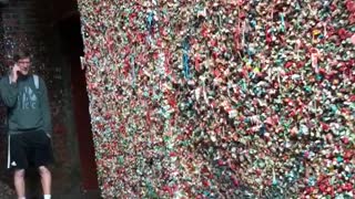 Guy blue sweater licks seattle gum wall