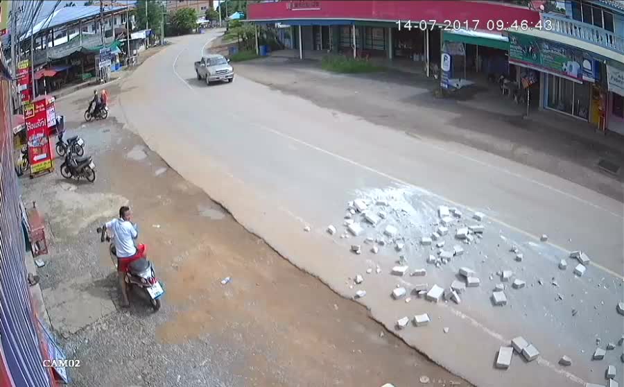 Lucky Motorcyclists Escape Bricks Falling from Truck