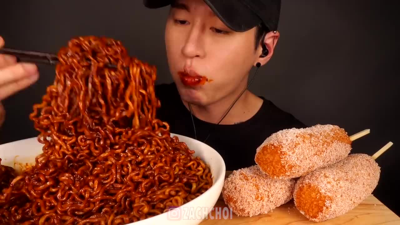 ASMR BLACK BEAN FIRE NOODLES & MOZZARELLA CORN DOGS MUKBANG (No Talking) EATING SOUNDS