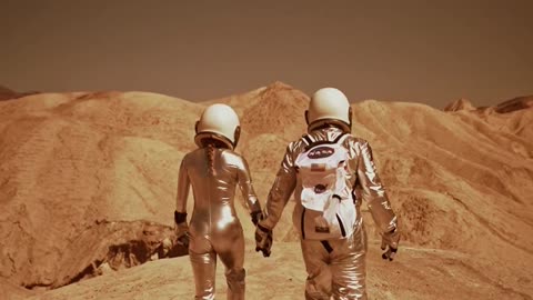 Couple of astronauts walking on other planet