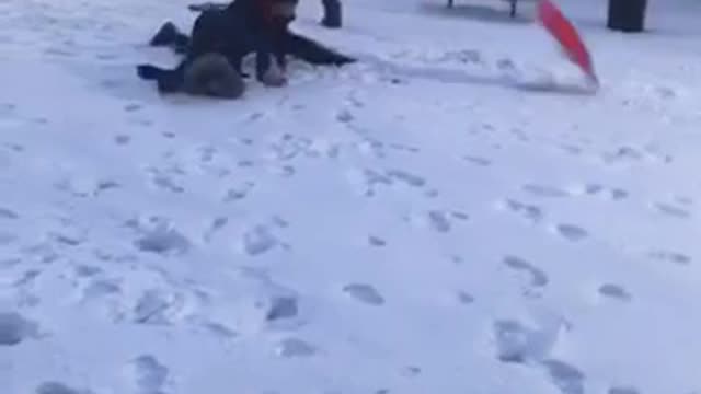 Slowmo kid on sled being pulled gets scorpioned