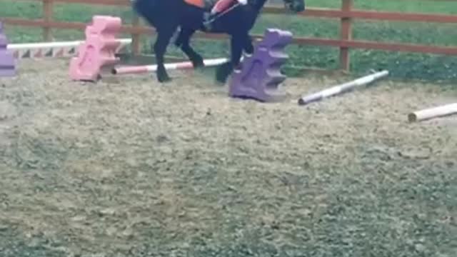 Girl in all pink falls off horse