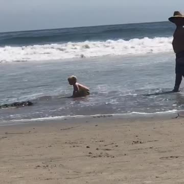 Small boy in swim shorts playing with boogie board