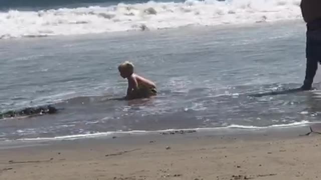 Small boy in swim shorts playing with boogie board