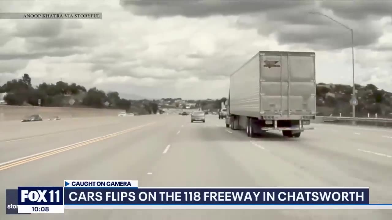 Tire pops off truck, causes car to flip on Chatsworth freeway