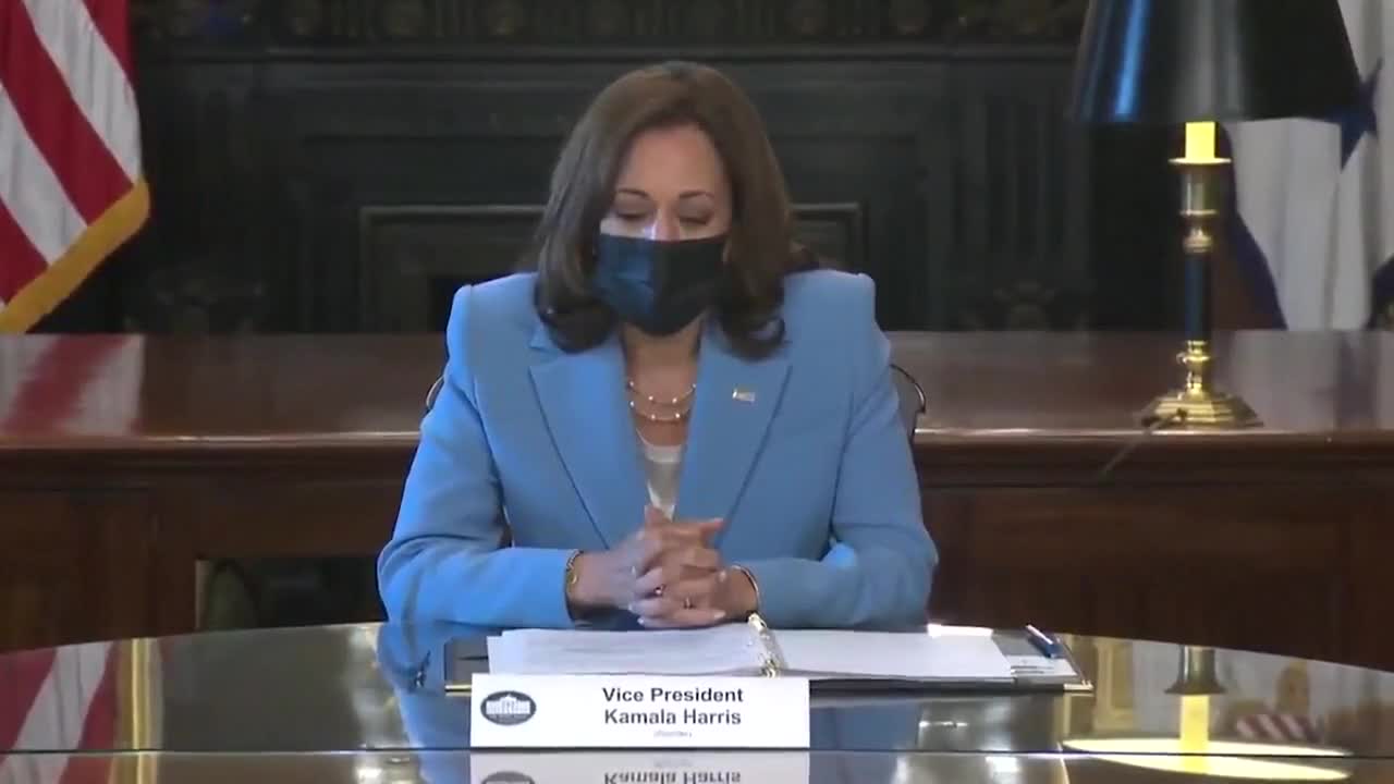 "I am Kamala Harris. My pronouns are she and her, A woman sitting at the table wearing a blue suit